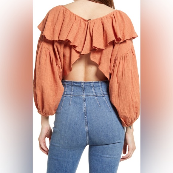 Free People Boho Orange Ginger Spice Zuri Ruffle Open Back Blouse size XS EUC - Picture 2 of 13